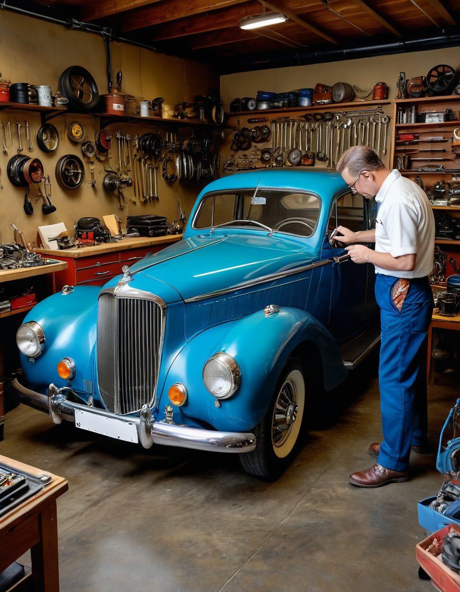 A vintage car in a garage, with a mechanic holding a tool and examining various auto parts on a workbench. Blueprints and diagrams are pinned on the wall in the background. The mechanic has a confident, helpful expression. The scene should feel informative and welcoming. super-realistic. vibrant colors. well-lit garage setting.