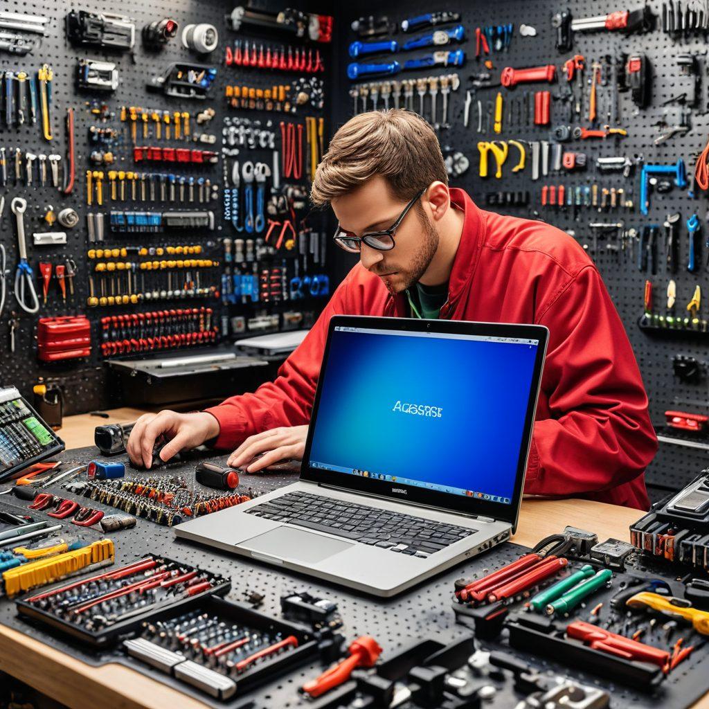 A dynamic illustration of a person examining various car and electronic components with a laptop and tools spread out on a workbench. The background features an organized pegboard with additional tools and parts; focus on the details with vibrant packaging labels. The scene should convey meticulous selection and online shopping. super-realistic. vibrant colors. indoor workshop setting.