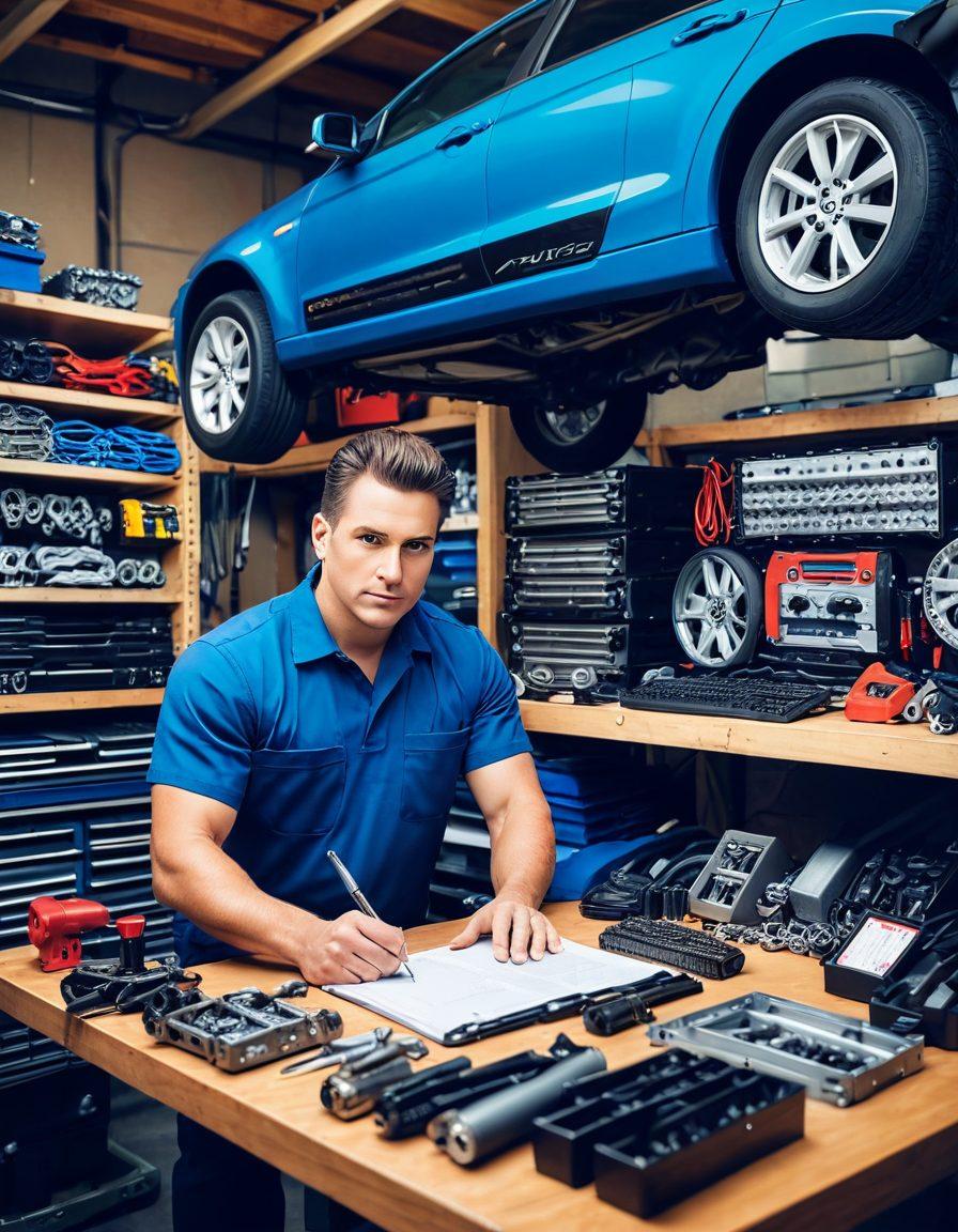 A well-organized garage with a mechanic working on a car, surrounded by neatly stacked auto parts and tools. A computer screen displaying an online auto parts store in the background. The scene should convey professionalism, efficiency, and modern technology. semi-realistic. vibrant colors. clutter-free background.